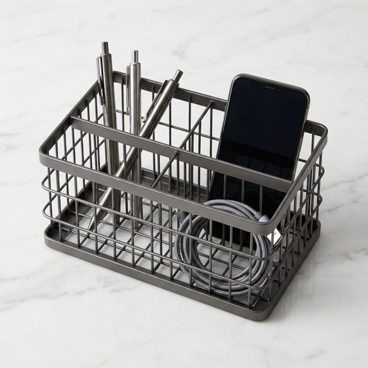 Grid Aluminum Desk Organizer on white marble surface