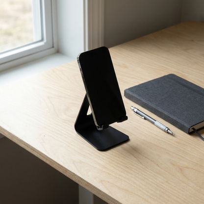 Pivot Adjustable Phone Stand on a birch wood desk