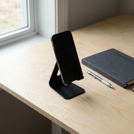 Pivot Adjustable Phone Stand on a birch wood desk